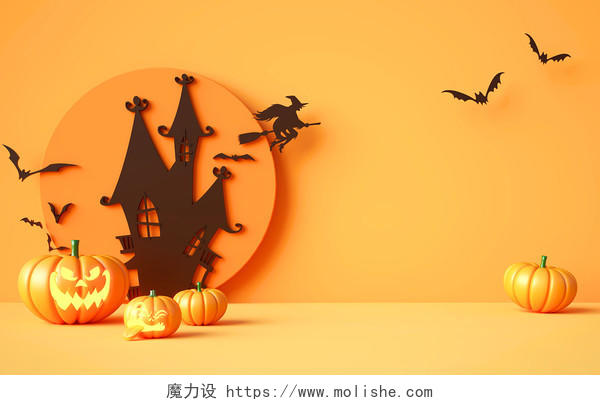 C4D创意橙色南瓜头城堡蝙蝠万圣节3D立体插画背景万圣节插画